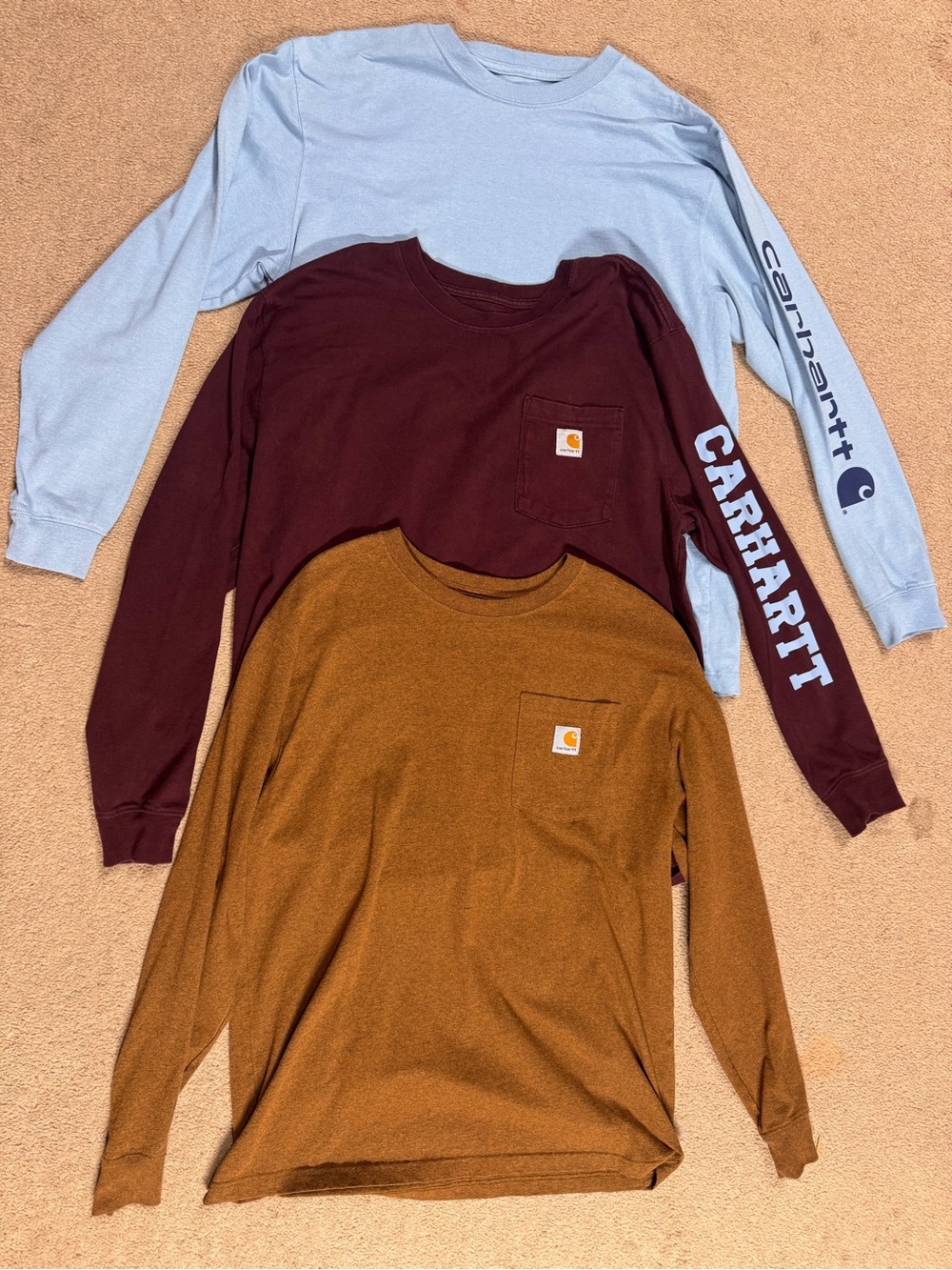 Carhartt Long Sleeve Pocket Tees - Light Blue, Maroon, Brownish Gold